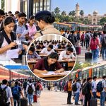 Crowds of students boarding special buses and trains arranged for the UP PET exam in Lucknow