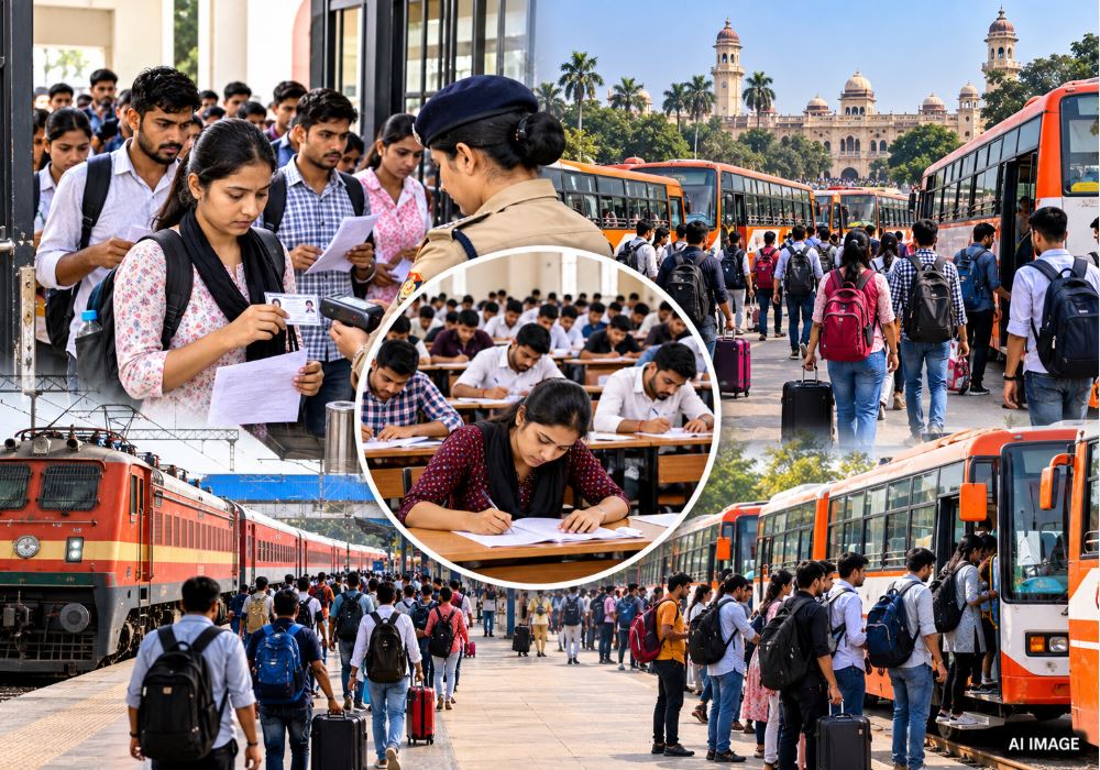 Crowds of students boarding special buses and trains arranged for the UP PET exam in Lucknow