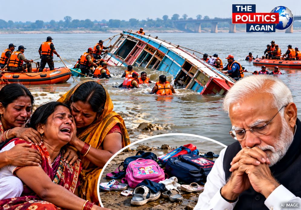 Rescue operations underway after a boat capsized in the Ganga river in Vaishali, Bihar.