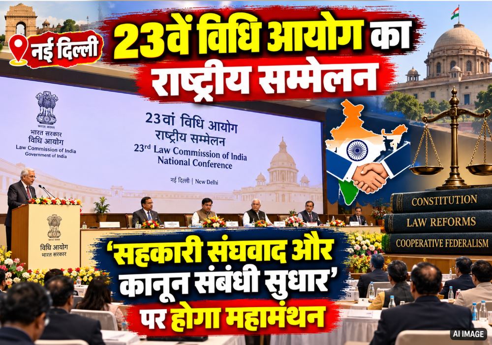 ce President CP Radhakrishnan and Union Minister Arjun Ram Meghwal at the 23rd Law Commission's National Conference on Cooperative Federalism.