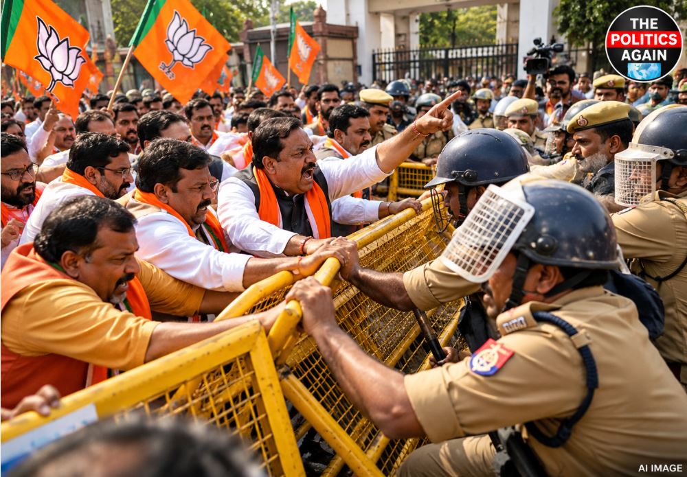 वाराणसी पहड़िया मंडी मतगणना स्थल पर भाजपा नेताओं का हंगामा, पुलिस से झड़प और 5वें राउंड की दोबारा गिनती की मांग।