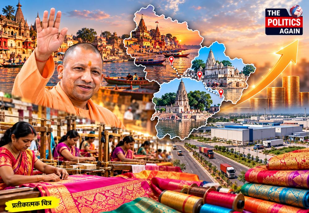 CM Yogi Adityanath addressing rally, Indian politician inaugurating event, Bhadohi carpet industry, Indian handloom craftsmen, UP Chief Minister stage speech